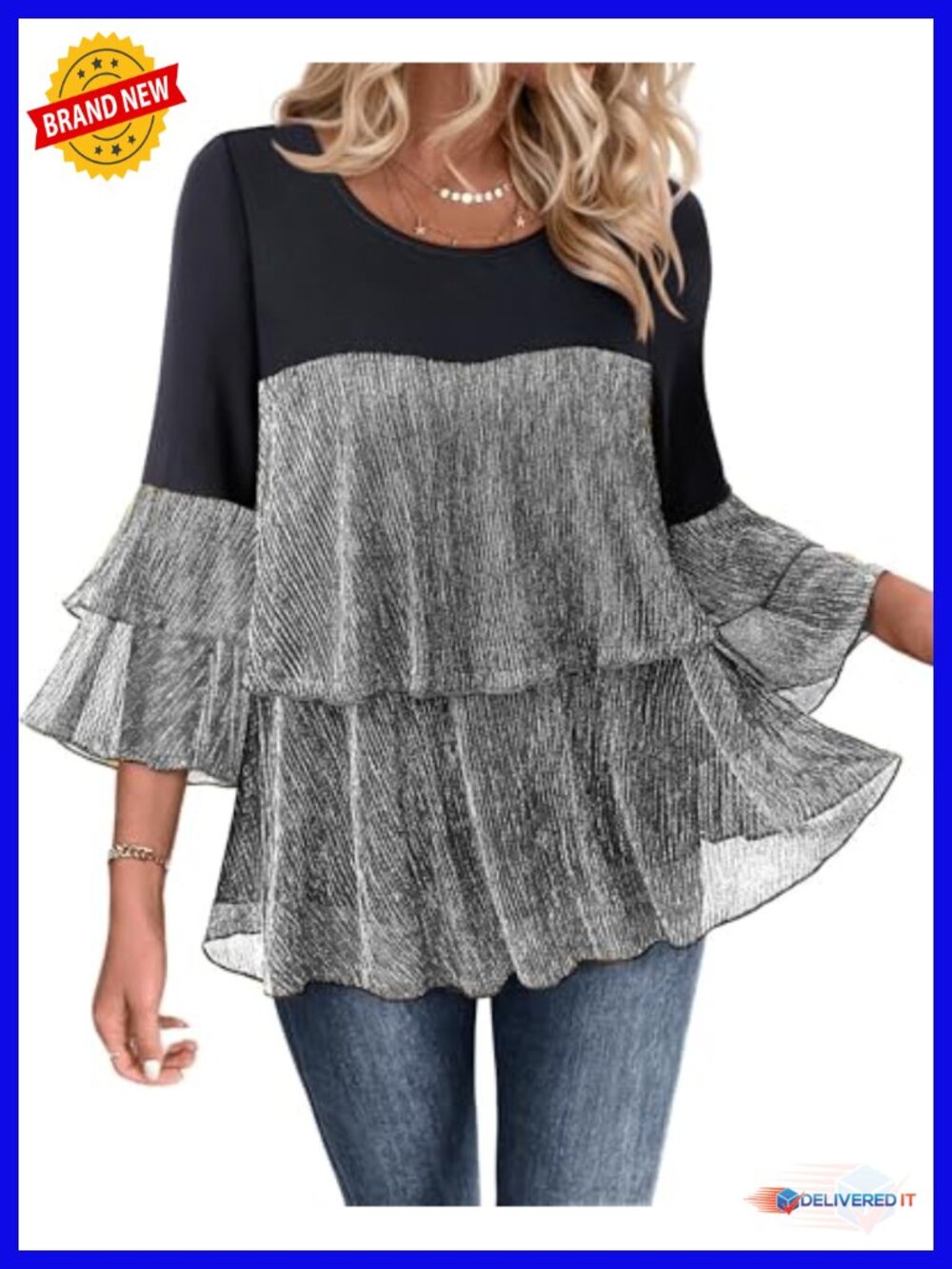 Sparkly Peplum Tunic Top 3/4 Ruffle Sleeve Evening Blouse